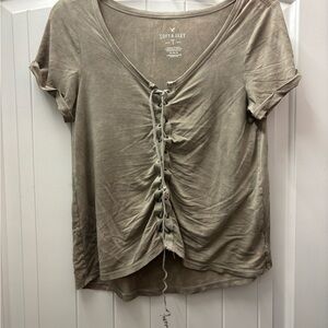 American Eagle Outfitters Olive Lace-Up Front Short Sleeve Tee